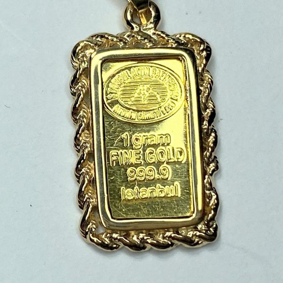 Istanbul 1.00gm 999.9 Fine gold ingot in 14K rope link bezel 1 1/8" x 13.0mm 2.4